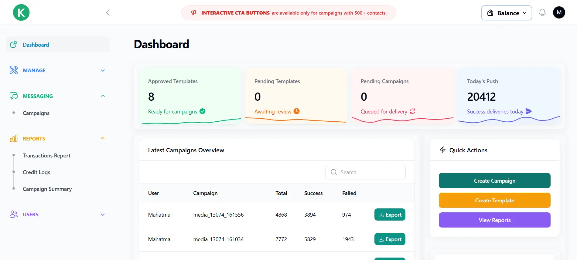 MsgReach Dashboard Overview
