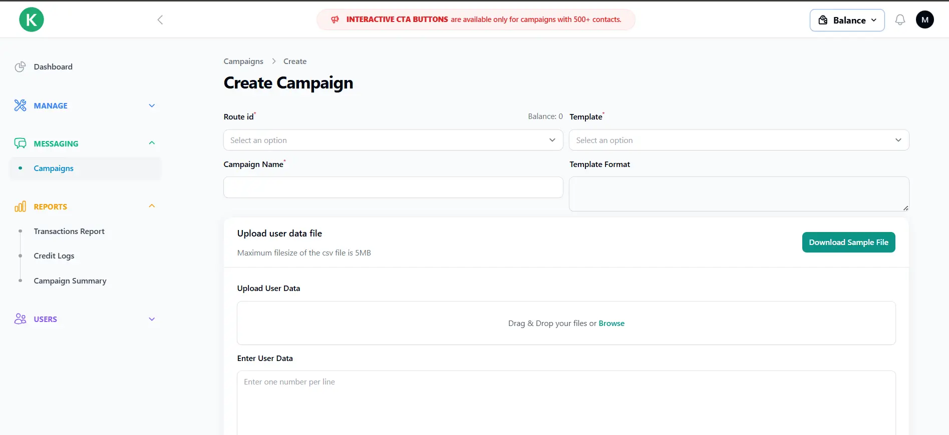 Create Campaign Screen